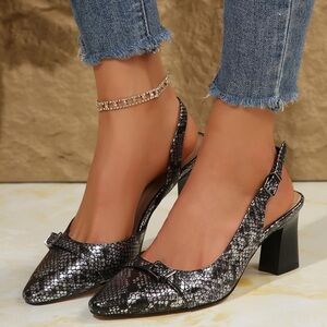 Slingback Heels with Snake Print and Block Heel